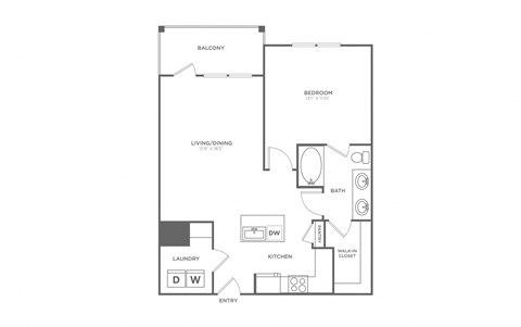 Floor plan for 1 bed, 1 bath, 805 sqft